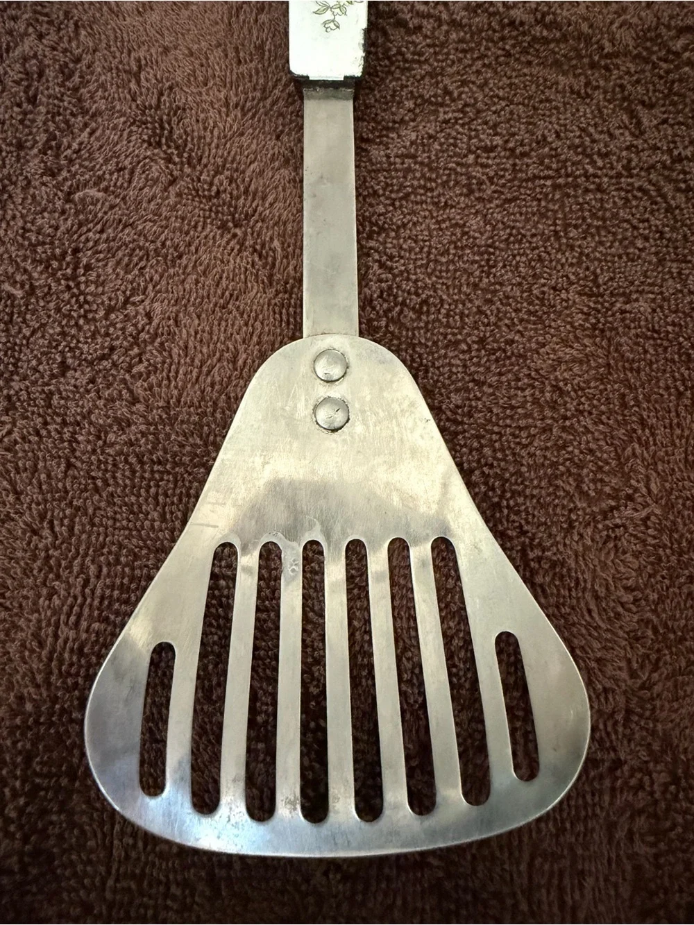 Vintage 1970s Slotted Spatula Turner Stainless Steel USA Floral Vegetable Handle